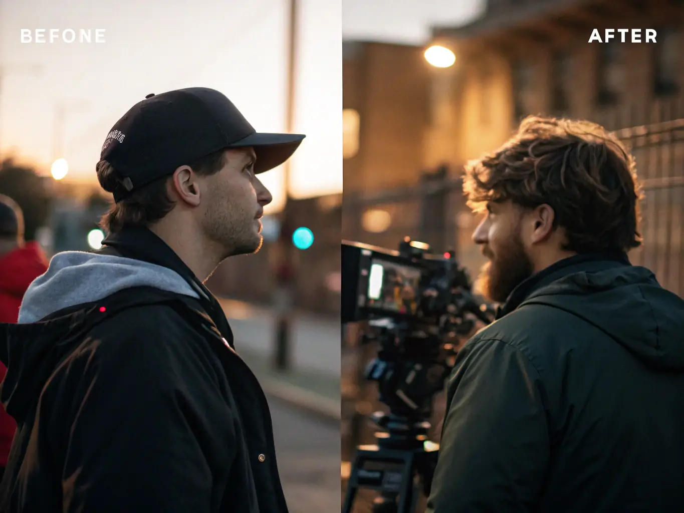 A split-screen image showcasing a before-and-after comparison of podcast footage, with the 'before' side showing raw, unedited video and the 'after' side displaying polished, professionally edited video with graphics and text overlays.