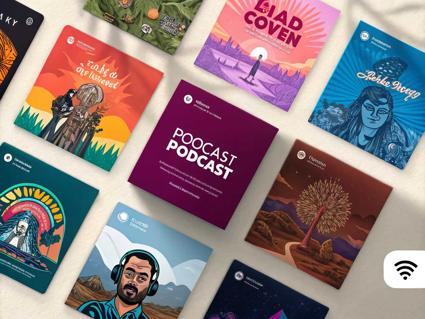 A collection of professionally designed social media graphics promoting a podcast, including quote cards, episode announcements, and behind-the-scenes content.